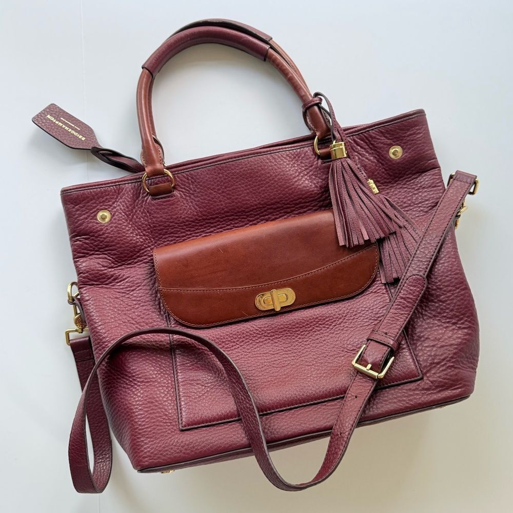 Vintage Isaac Mizrahi Bridgehampton Burgundy Leather Tote Messenger Turnlock Bag